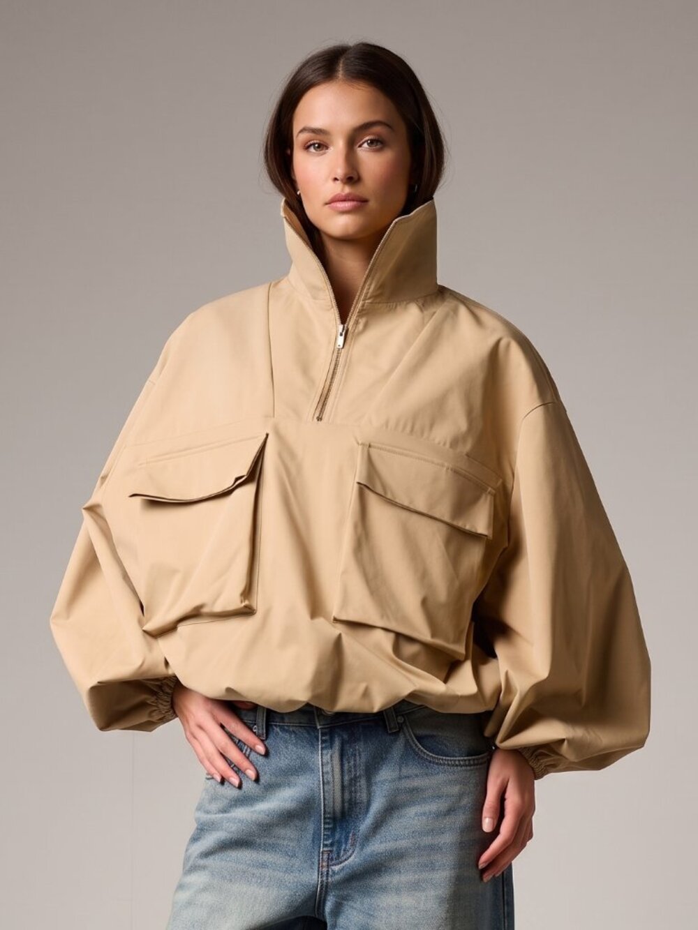 Women's Beige Oversized Utility Half Zip Stand Collar Cargo Pocket Jacket - Picture 1 of 3